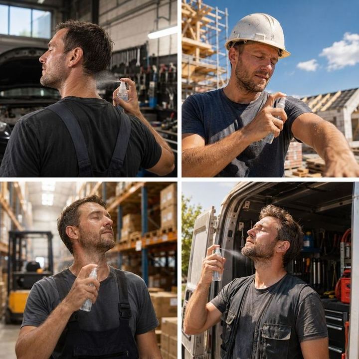 Handwerker kühlen sich mit A/C-2GO ab – Werkstatt, Baustelle, Lager und unterwegs